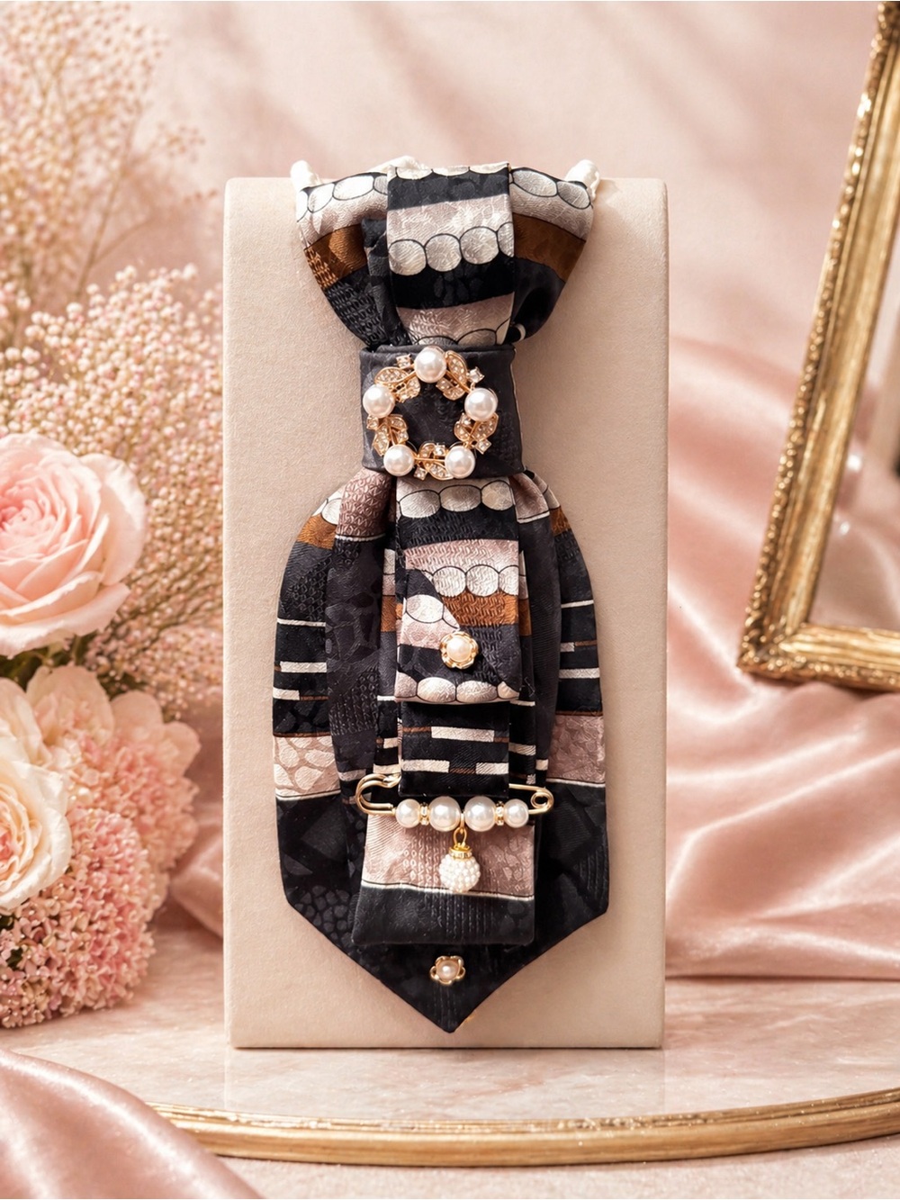 Elegant Black and Gold Pearl Tie-Style Necklace